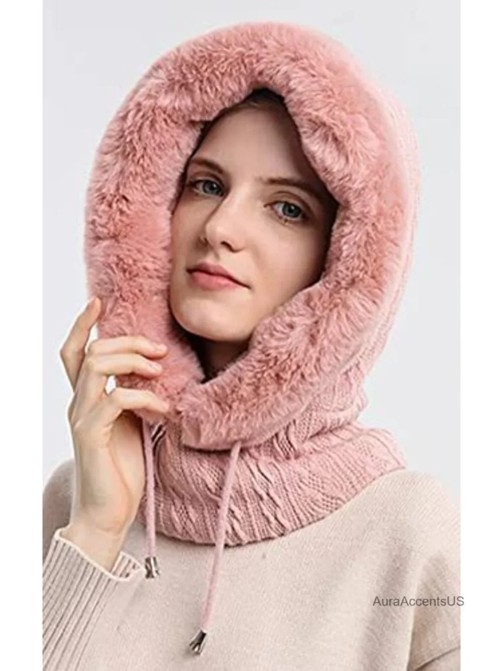 Women's One Piece Fleece Balaclava Beanie Scarf Mask Drawstring Winter Hat